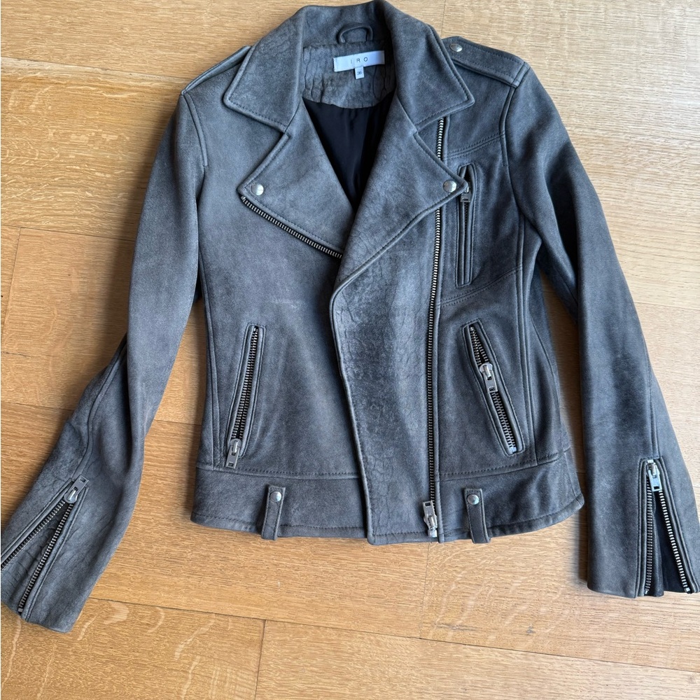 IRO Gray Moto Leather Jacket Asymmetrical Zipper